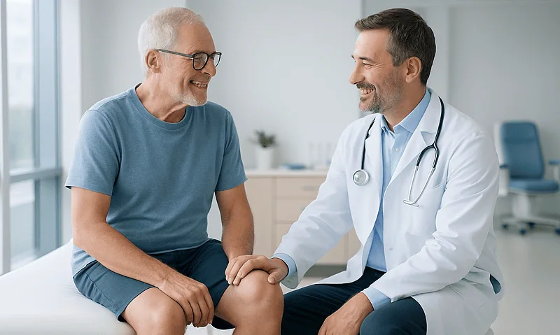 Doctor consulting with elderly patient about knee health in clinic.