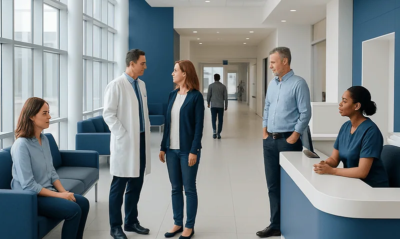 Medical team consulting patients in a modern hospital lobby.