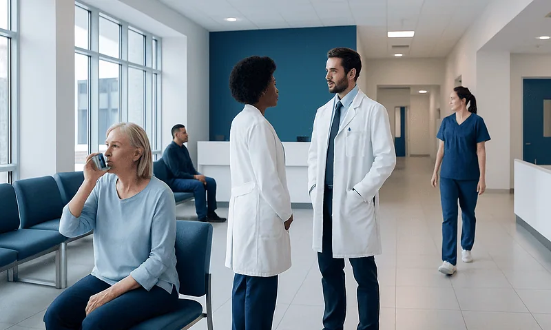 Doctors and patients in a modern hospital corridor.