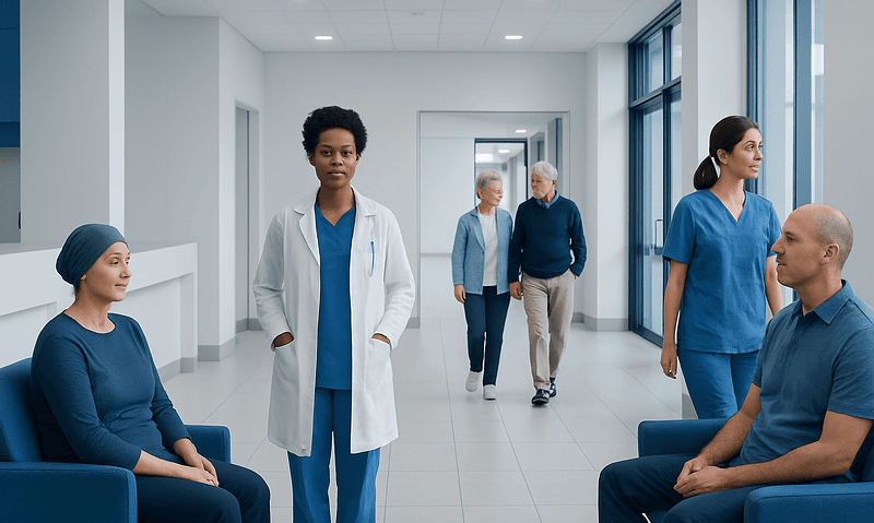 Medical professionals and patients in a hospital corridor.