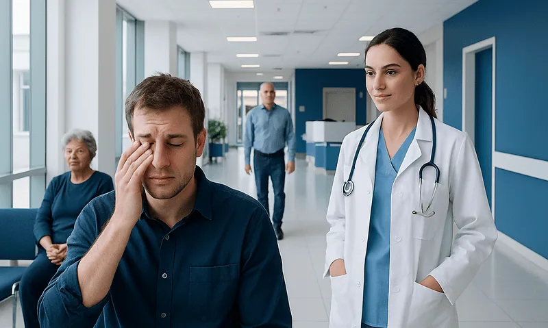 Doctor consulting with patient about conjunctivitis symptoms in hospital corridor.