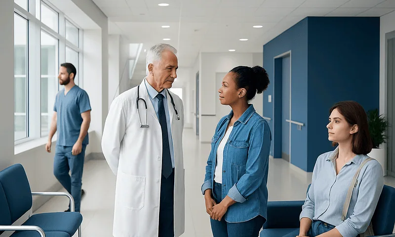 Doctor talking to a patient in a hospital corridor with staff in the background.