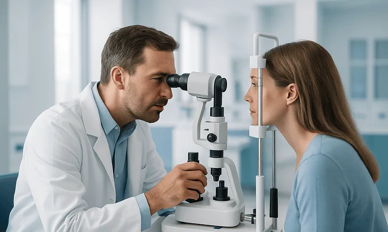 Optometrist examines patient's eyes with slit lamp in clinic setting.