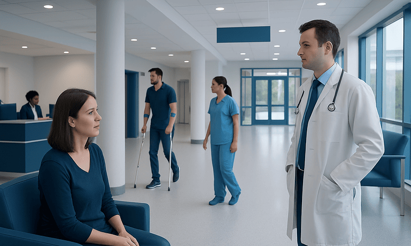 Doctor consulting a patient in a modern hospital lobby with staff in the background.