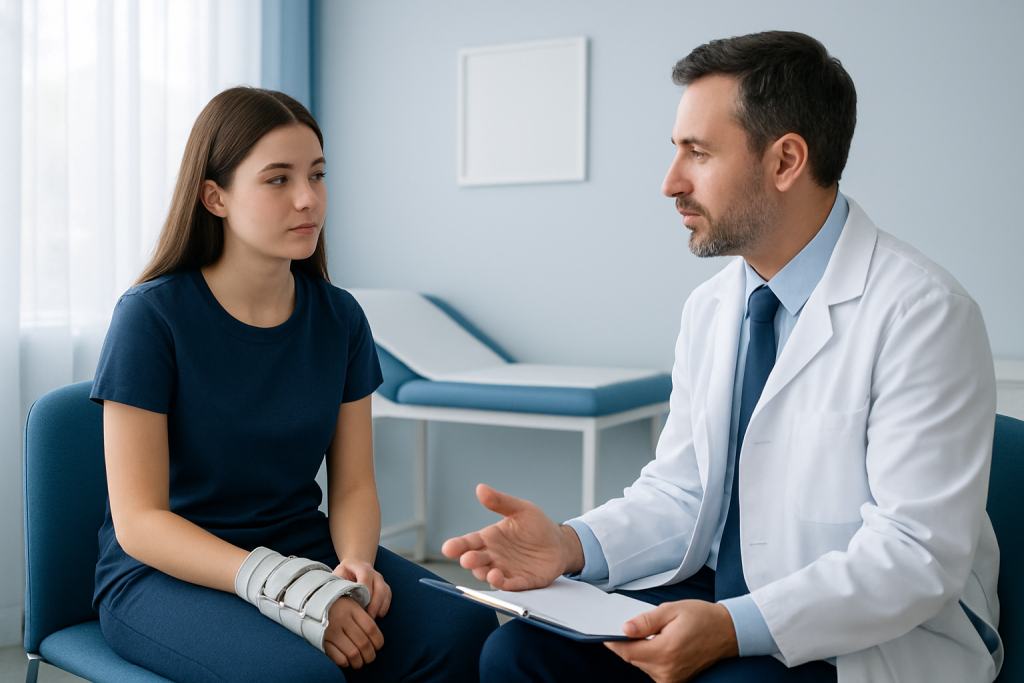 Doctor consulting with young female patient with ankle injury in clinic.