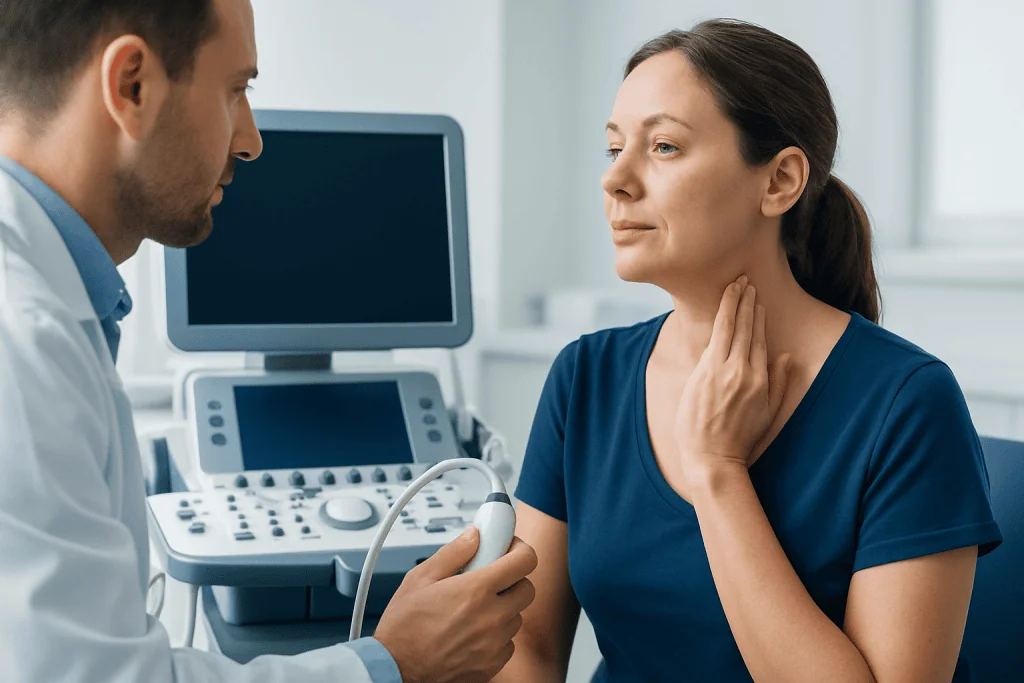 Doctor examines a woman with a neck ultrasound device in a clinical setting.