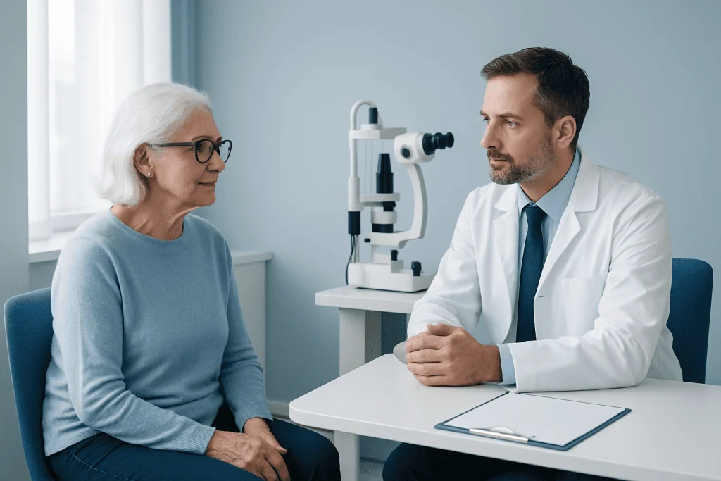 Ophthalmologist consulting elderly woman about eye health in clinic.