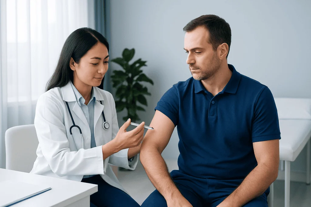 Doctor administering G-CSF injection to a patient in a clinical setting.