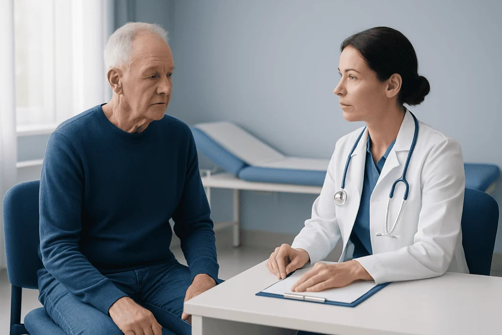 Doctor consulting with elderly male patient in a medical office.