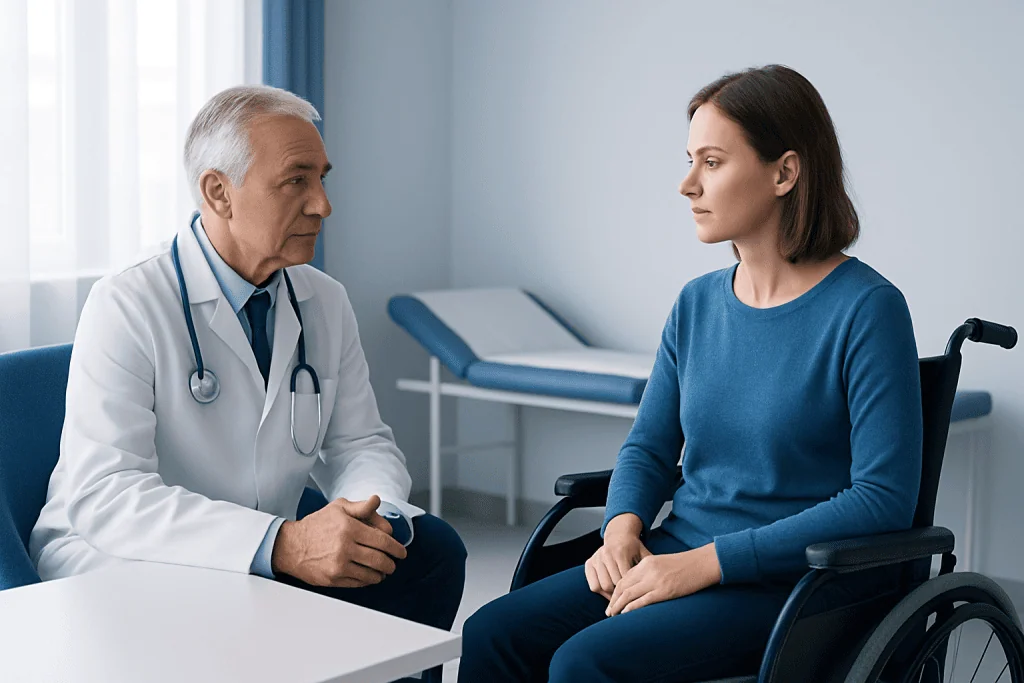 Doctor consulting with a female patient in a hospital room.
