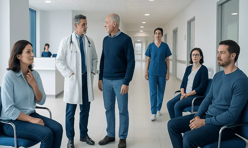 Doctor consulting with patients in a hospital corridor.
