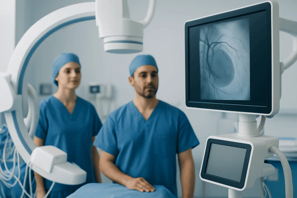 Medical team performing a heart procedure with advanced imaging technology.