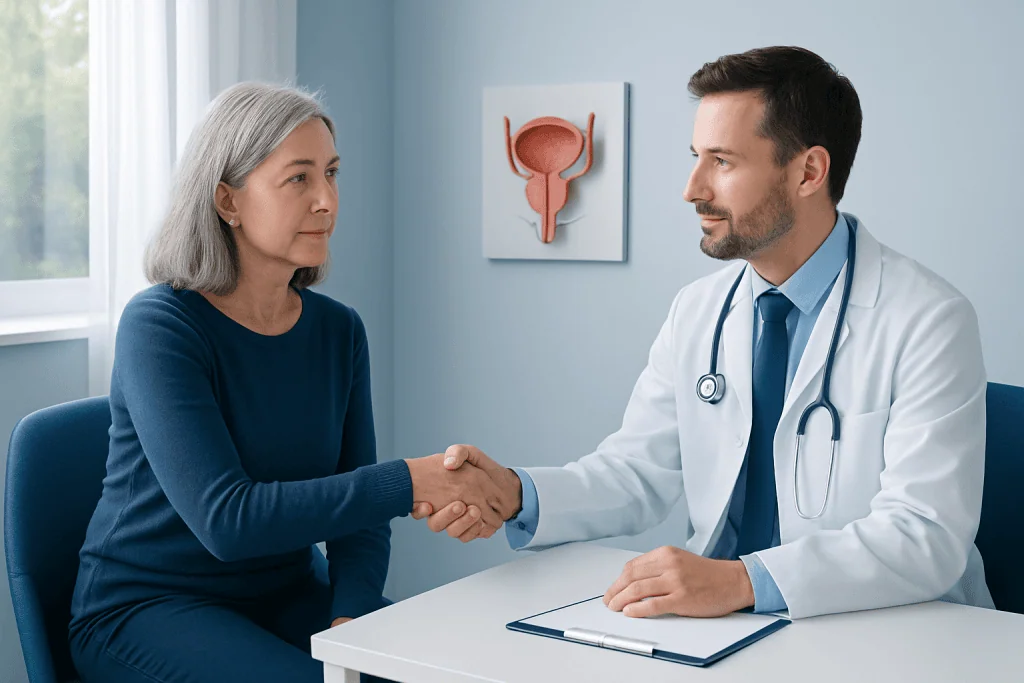 Doctor consulting with a female patient about bladder health.