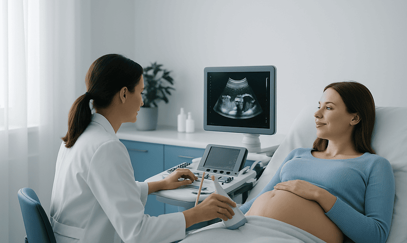 Pregnancy ultrasound consultation at a medical clinic.