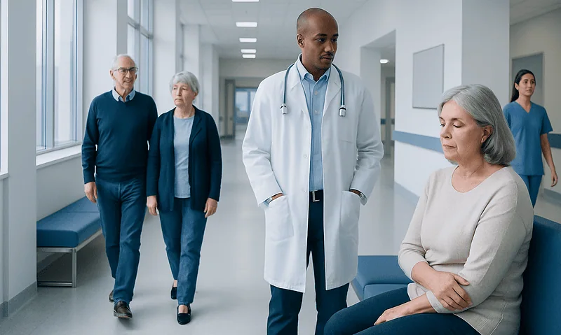 Doctor consulting elderly woman in hospital corridor with senior patients nearby.