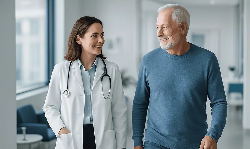 Doctor and senior male patient smiling and talking in a medical clinic.