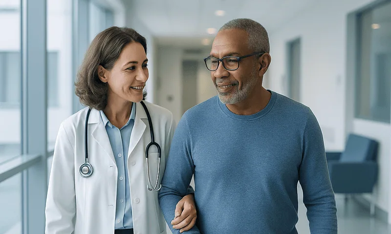 Doctor and patient walking in hospital corridor.