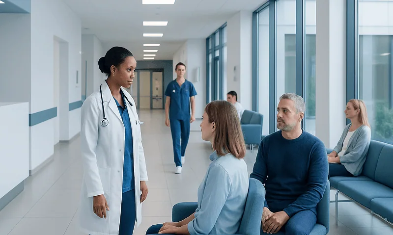 Doctor consulting with patients in a hospital corridor.