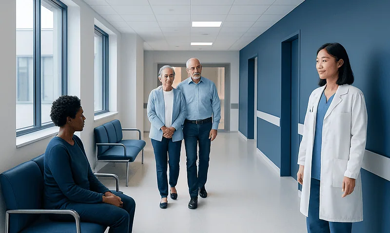 Medical consultation in hospital corridor with doctor and patients.