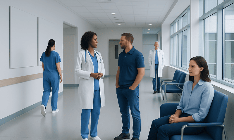 Medical professionals and patients in a hospital corridor at Acibadem Hospitals Group.