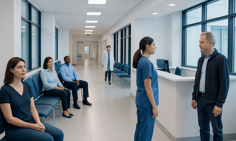 Healthcare professionals and patients in a modern hospital corridor.