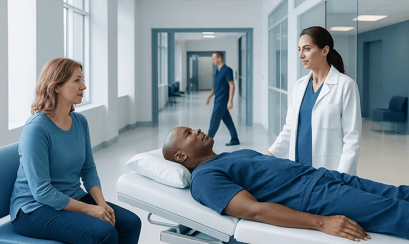 Doctor consulting with patient in hospital corridor, healthcare setting.