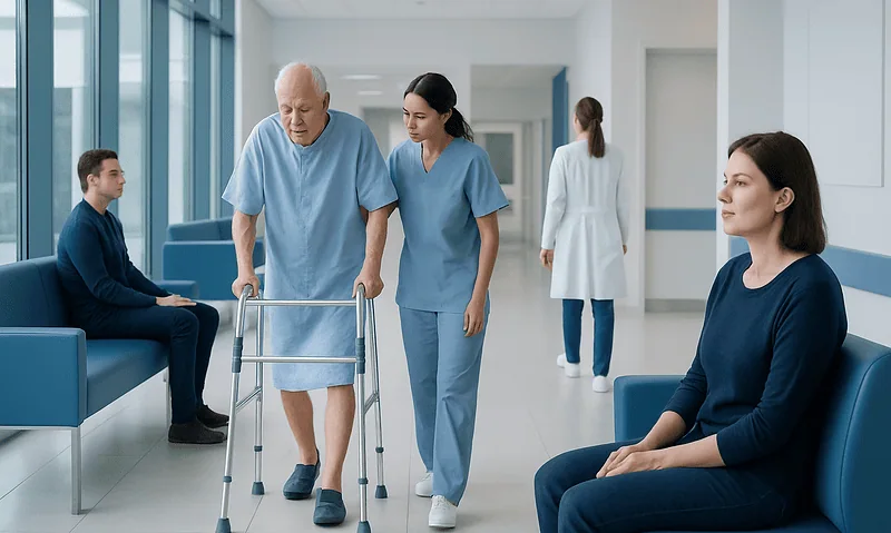 Elderly patient walking with assistance in hospital corridor.