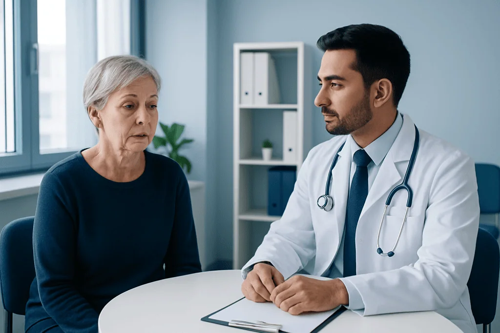 Doctor consulting with elderly woman in a medical office setting.