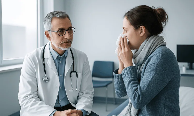 Doctor consulting with a young woman about cold symptoms in a medical office.