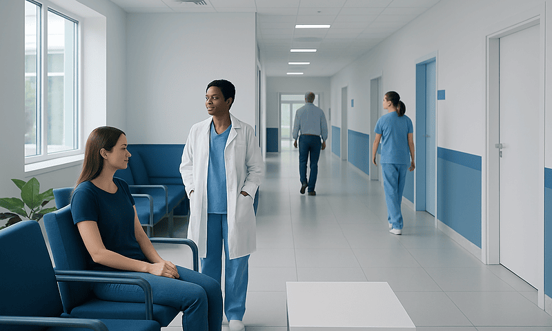 Healthcare professionals and patient in a modern hospital corridor.