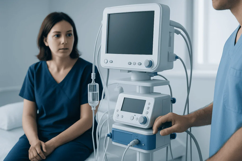 Patient in hospital gown during medical examination with monitoring equipment.