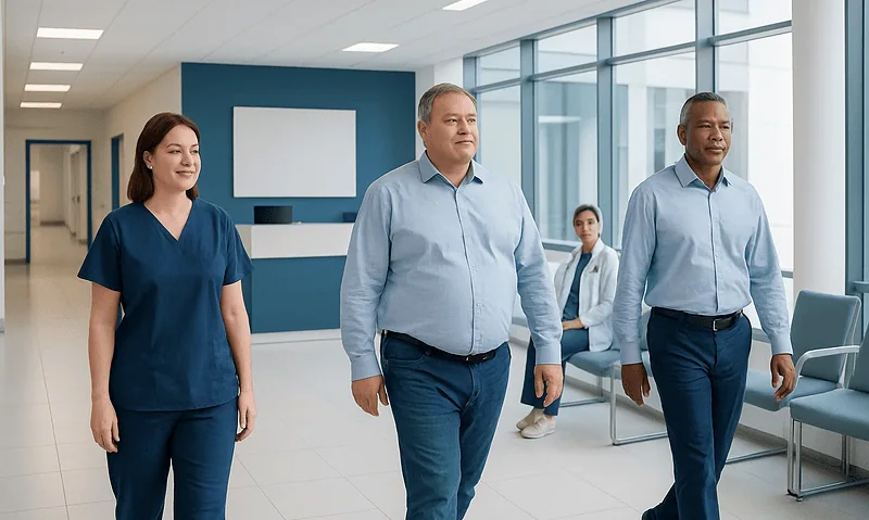 Medical professionals walking in a hospital corridor at Acibadem Hospitals Group.