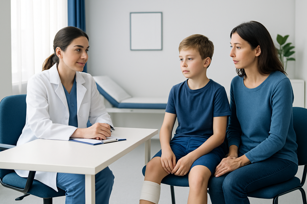 Doctor consulting a young boy with a parent about ankle injury.