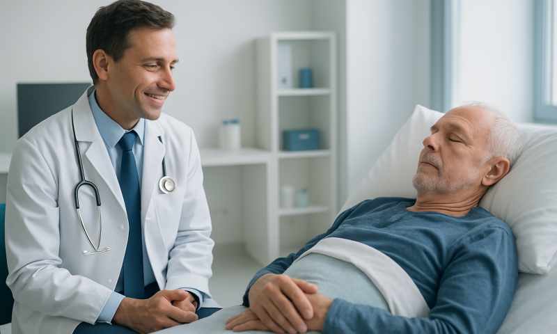 Doctor consulting with an elderly patient in a hospital room.