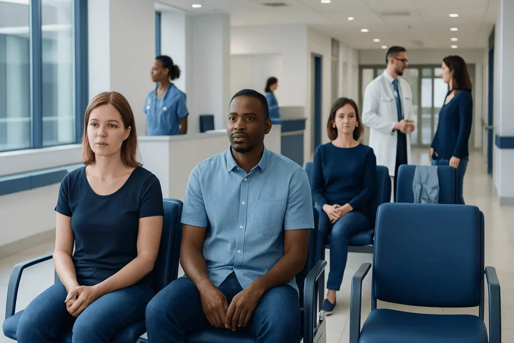 How Long Should Sex Last? A Doctor-Reviewed Answer 1 Patients waiting in a modern hospital corridor with medical staff in the background.