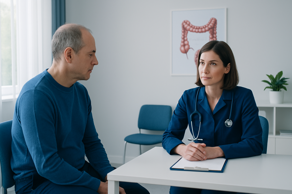 Doctor consulting with a patient about colon health in a medical office.