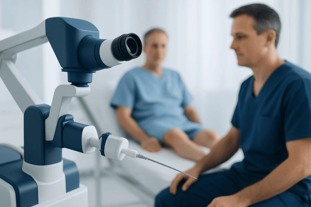 Urologist preparing for prostate biopsy with advanced medical equipment.