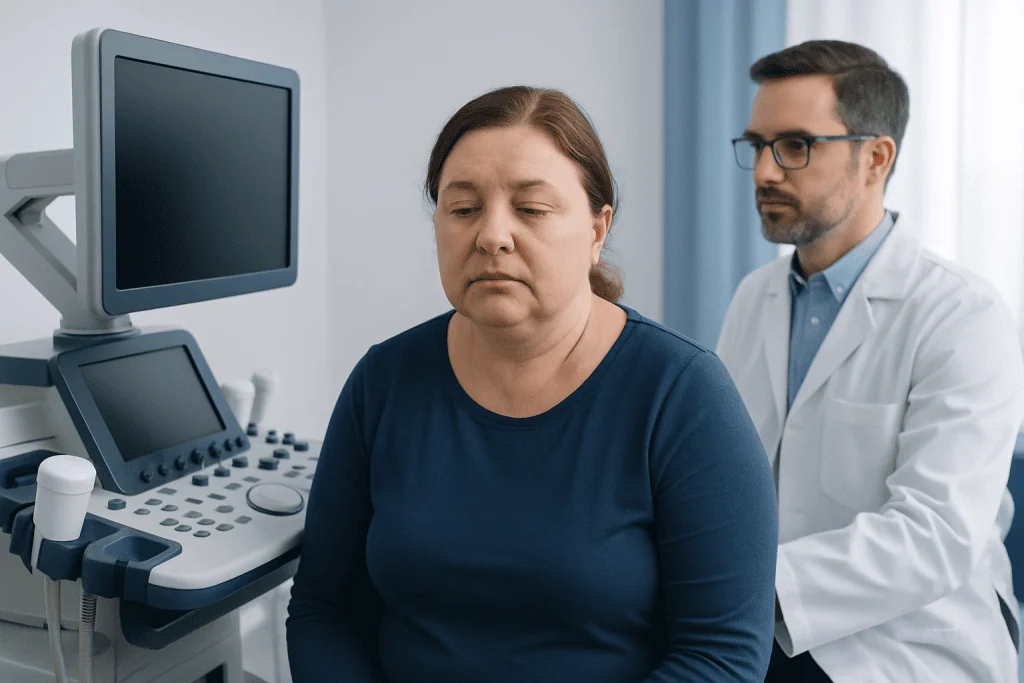 Woman undergoing thyroid examination with medical professional nearby.