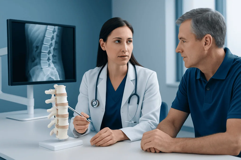 Doctor explaining lumbar spine MRI to patient in clinic.