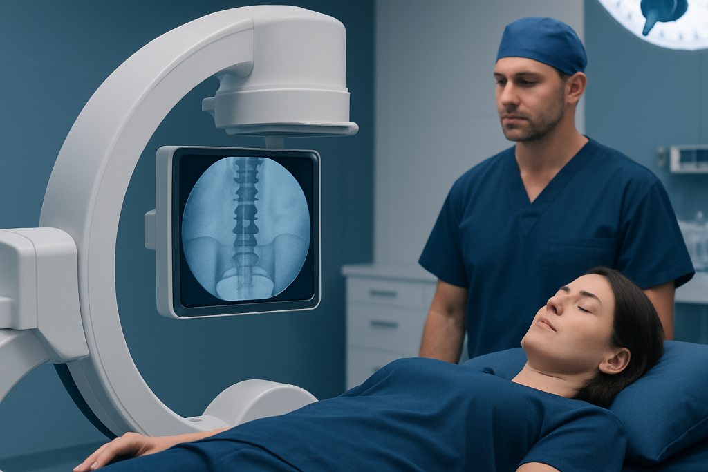 Medical professional reviewing spinal X-ray during patient examination at hospital.