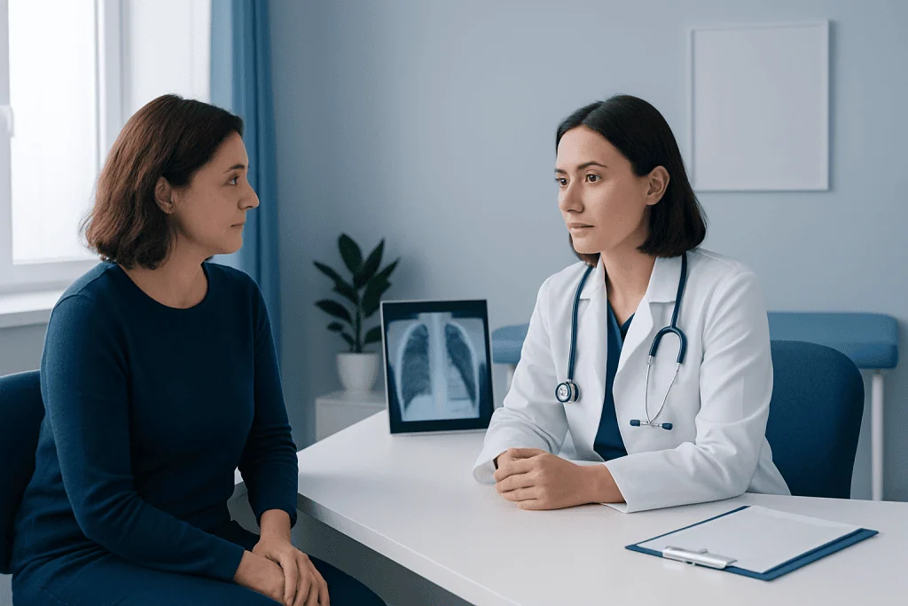 Doctor consulting with a patient about lung health and X-ray results.