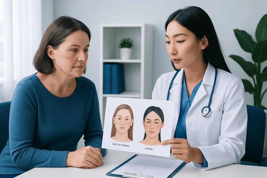 Doctor explaining skin condition differences to a patient with visual aids.