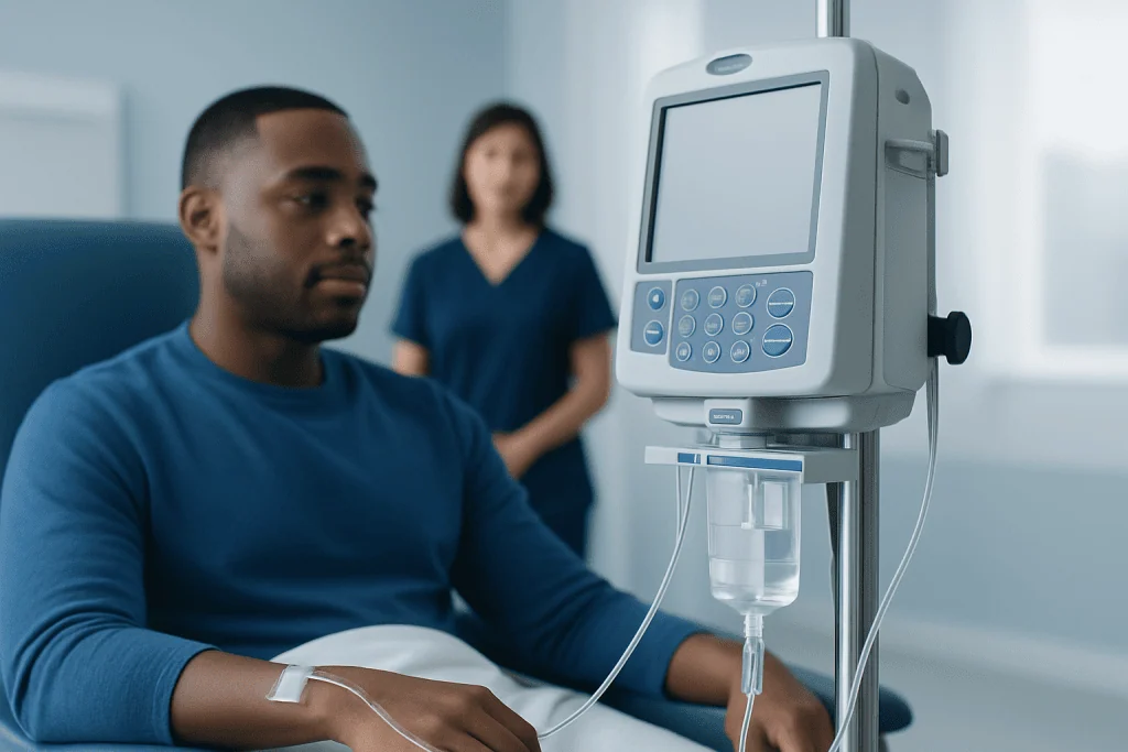 Patient connected to medical monitor in hospital setting.