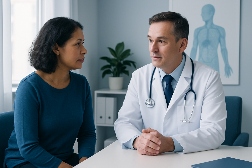 Doctor consulting a patient in a medical office with anatomical chart in background.