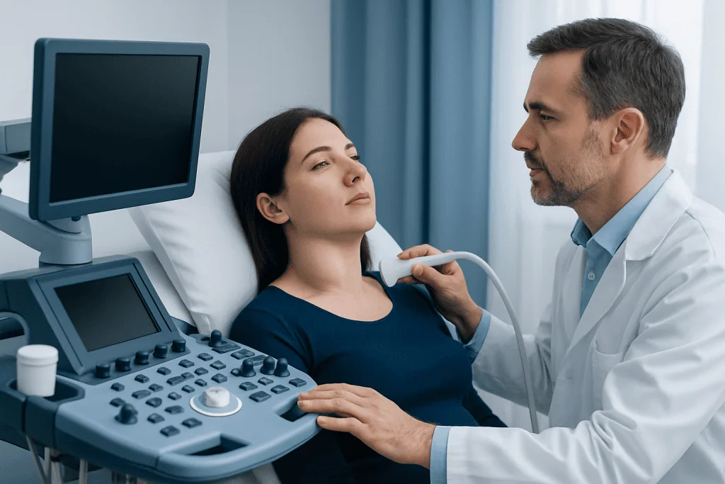 Doctor performing ultrasound examination on a patient in a hospital room.