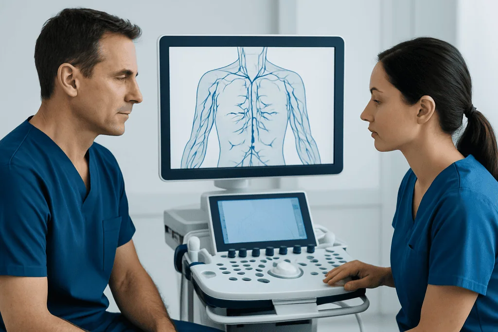 Medical professionals analyzing lymphatic system on ultrasound in hospital.