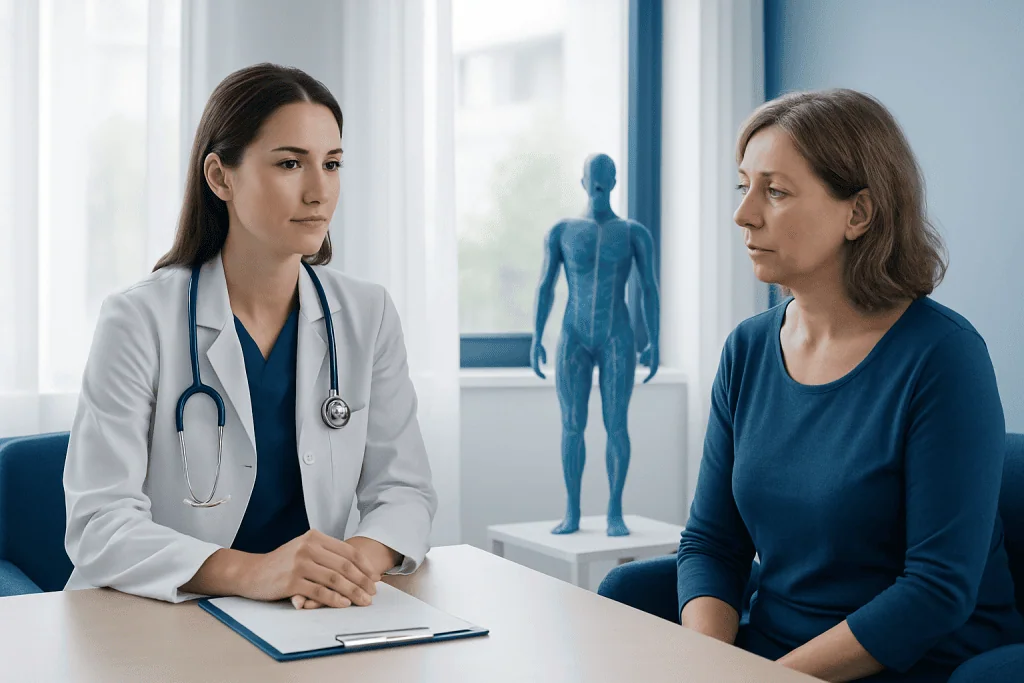 Doctor consulting with a patient in a medical office with anatomical model in background.