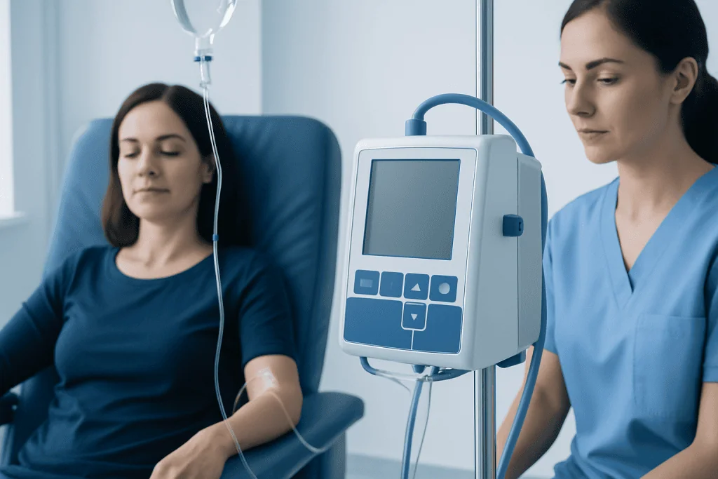 Patient receiving IV therapy in a hospital setting with medical staff present.