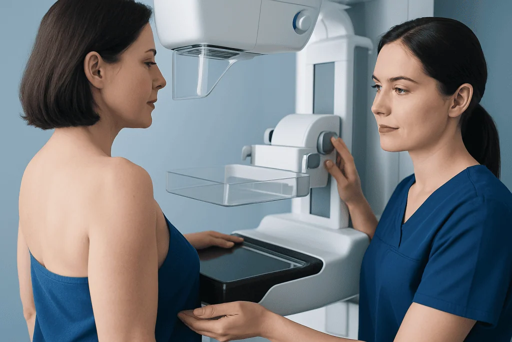 Woman undergoing mammogram with medical professional operating the machine.