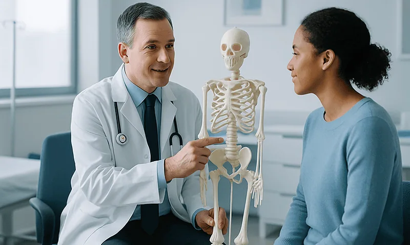 Doctor explaining human skeleton to patient in medical consultation room.